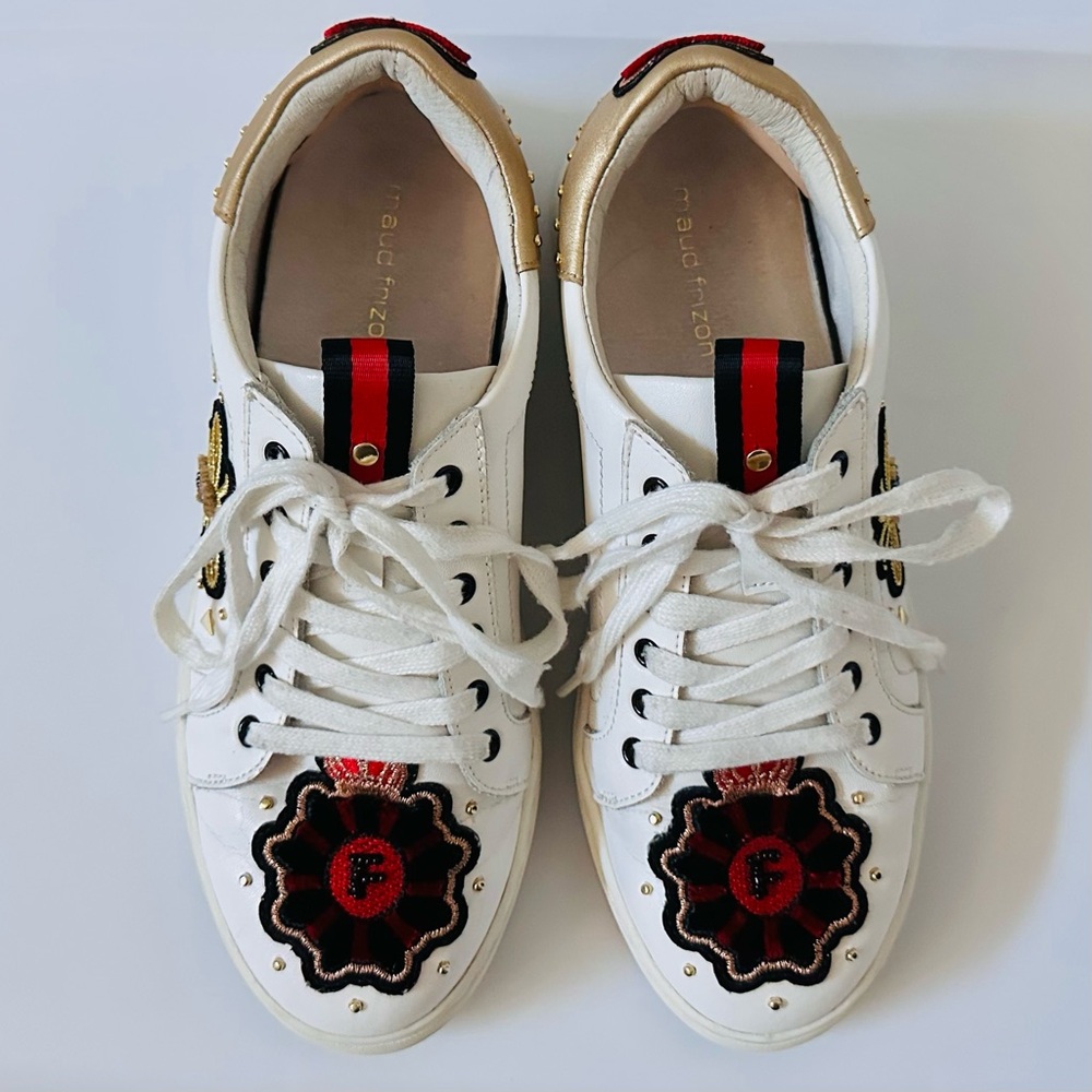 Maud Frizon Leather Sneakers White Red Gold Black accents Designer Luxury Rare